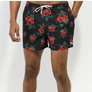 Empyre‎ Swim Trunks Mens Medium Red Rose Board Shorts Black Drawstring